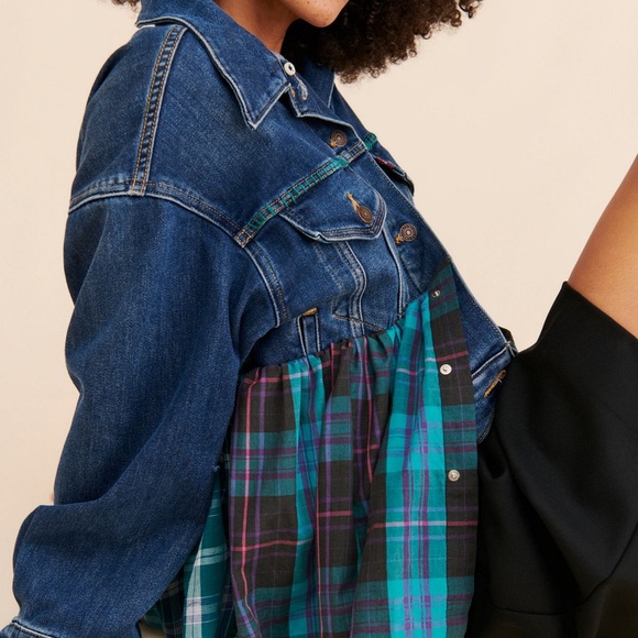 Free People x Tricia Fix Blue Plaid Jean Jacket - Picture 2 of 3